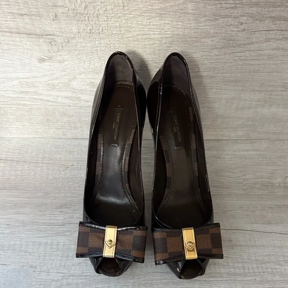 Louis Vuitton Valentine Damier Ebene Brown Patent Leather Peep-Toe Heels 38.5 - Picture 9 of 15